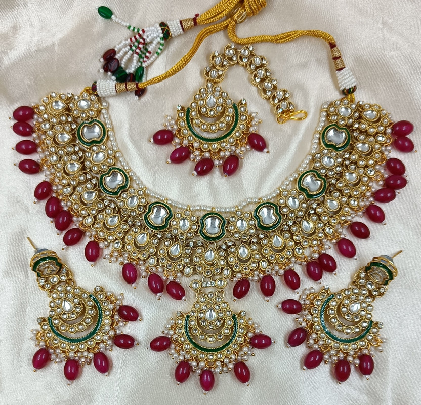 [AIMS006 PINK] Resplendent Wedding Pink Kundan Pendant Necklace & Earrings Jewellery Set For Women