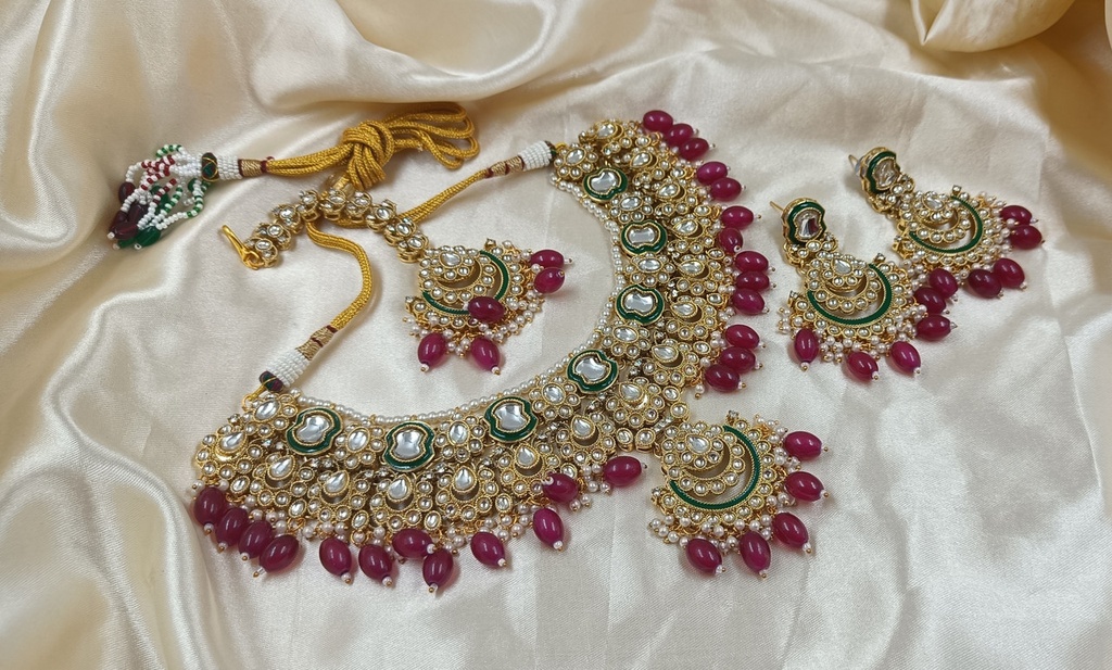 [AIMS006 RANI] Lustrous Wedding Rani Kundan Pendant Necklace & Earrings Jewellery Set For Women