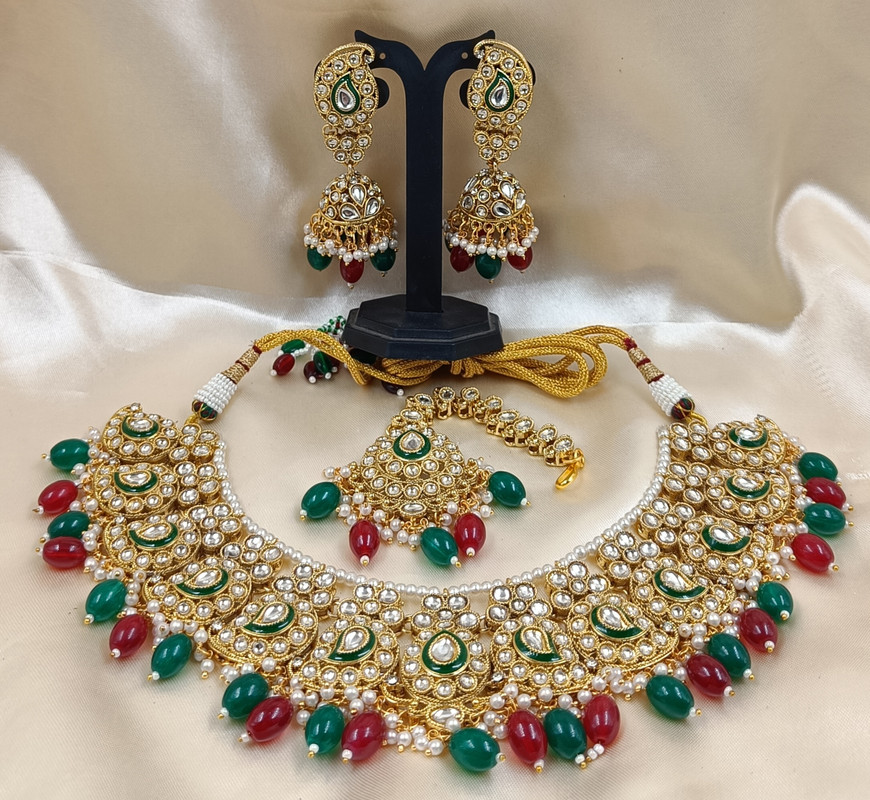 [AIMS007 MAROON GREEN] Elegant Festive Maroon Green Kundan Pendant Necklace & Earrings Jewellery Set For Women