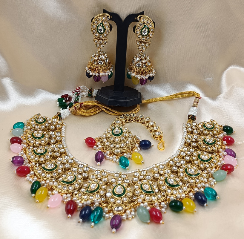 [AIMS007 MULTI] Traditional Festive Multi Kundan Pendant Necklace & Earrings Jewellery Set For Women