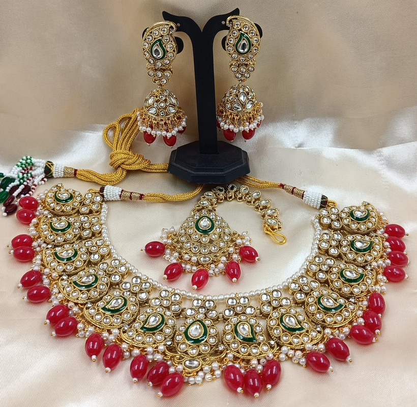 [AIMS007 PINK] Chic Festive Pink Kundan Pendant Necklace & Earrings Jewellery Set For Women