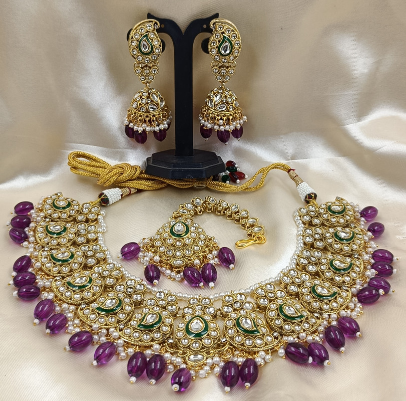 [AIMS007 PURPLE] Magnifique Festive Purple Kundan Pendant Necklace & Earrings Jewellery Set For Women