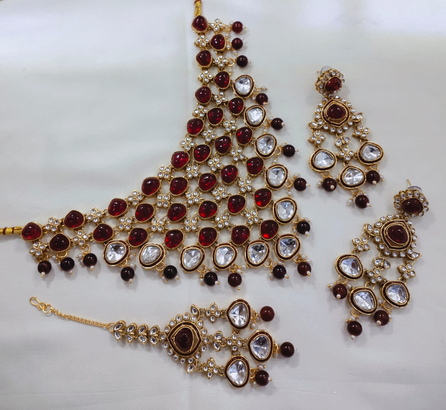 [SUBR002 Maroon] Alluring Boutique Subr002 Maroon Kundan Bridal Jewellery Set For Bride