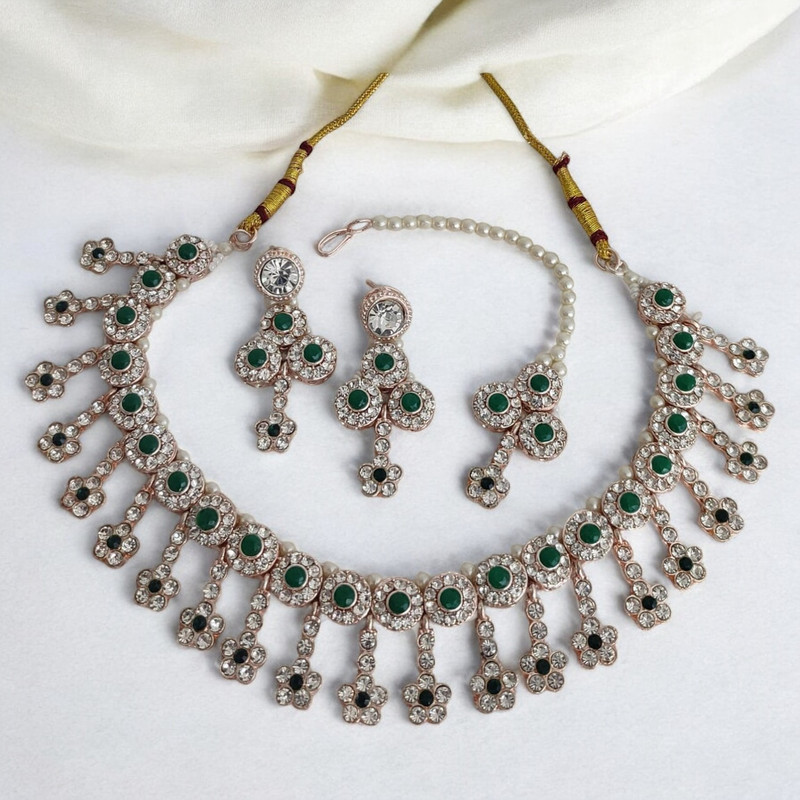 [SUNS0003 GREEN] Artisan Glam Suns0003 Green Kundan Choker Necklace Earring Jewellery Set For Marriage