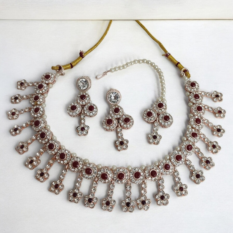 [SUNS0003 MAROON] Divine Glam Suns0003 Maroon Kundan Choker Necklace Earring Jewellery Set For Marriage