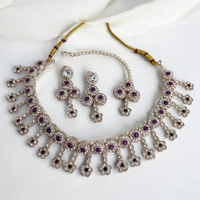 [SUNS0003 PURPLE] Regal Glam Suns0003 Purple Kundan Choker Necklace Earring Jewellery Set For Marriage