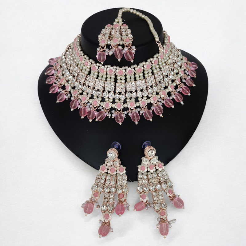 [SUNS0004 BABY PINK] Opulent Glam Suns0004 Baby Pink Kundan Choker Necklace Earring Jewellery Set For Marriage