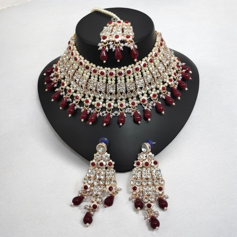 [SUNS0004 MAROON] Dazzling Glam Suns0004 Maroon Kundan Choker Necklace Earring Jewellery Set For Marriage