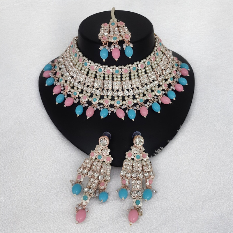 [SUNS0004 PINK BLUE] Radiant Glam Suns0004 Pink Blue Kundan Choker Necklace Earring Jewellery Set For Marriage