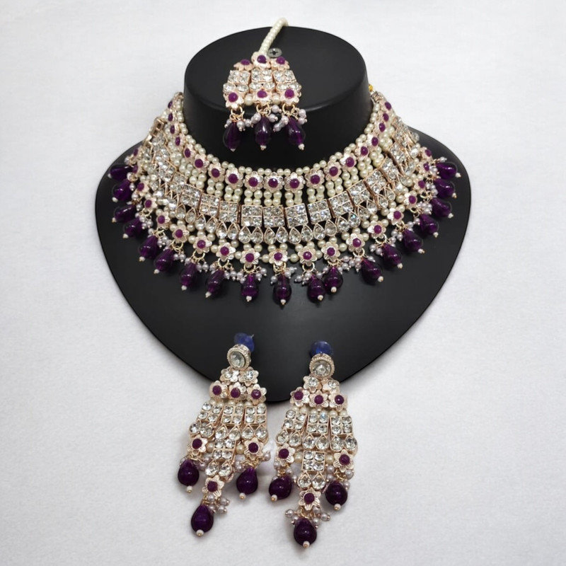 [SUNS0004 PURPLE] Graceful Glam Suns0004 Purple Kundan Choker Necklace Earring Jewellery Set For Marriage