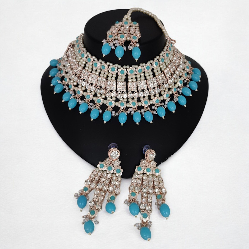 [SUNS0004 SKY BLUE] Alluring Glam Suns0004 Sky Blue Kundan Choker Necklace Earring Jewellery Set For Marriage