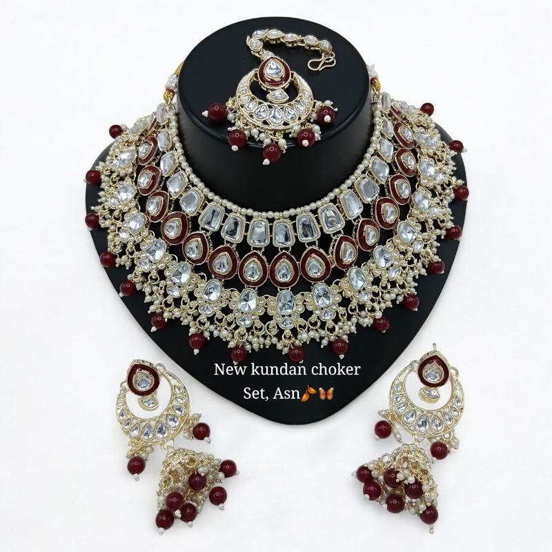 [SUNS0005 MAROON] Mesmerizing Glam Suns0005 Maroon Kundan Choker Necklace Earring Jewellery Set For Marriage