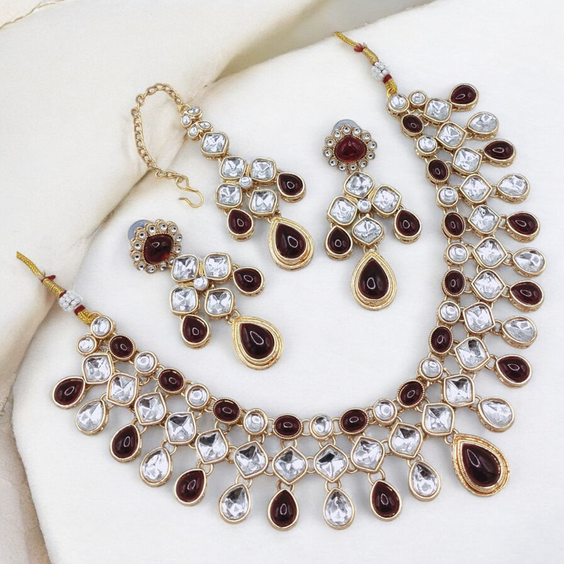 [SUNS0007 MAROON] Flawless Glam Suns0007 Maroon Kundan Choker Necklace Earring Jewellery Set For Marriage