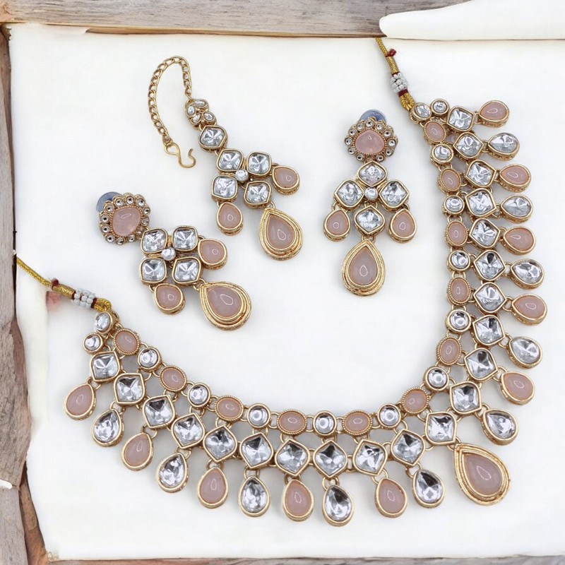 [SUNS0007 PEACH] Pristine Glam Suns0007 Peach Kundan Choker Necklace Earring Jewellery Set For Marriage