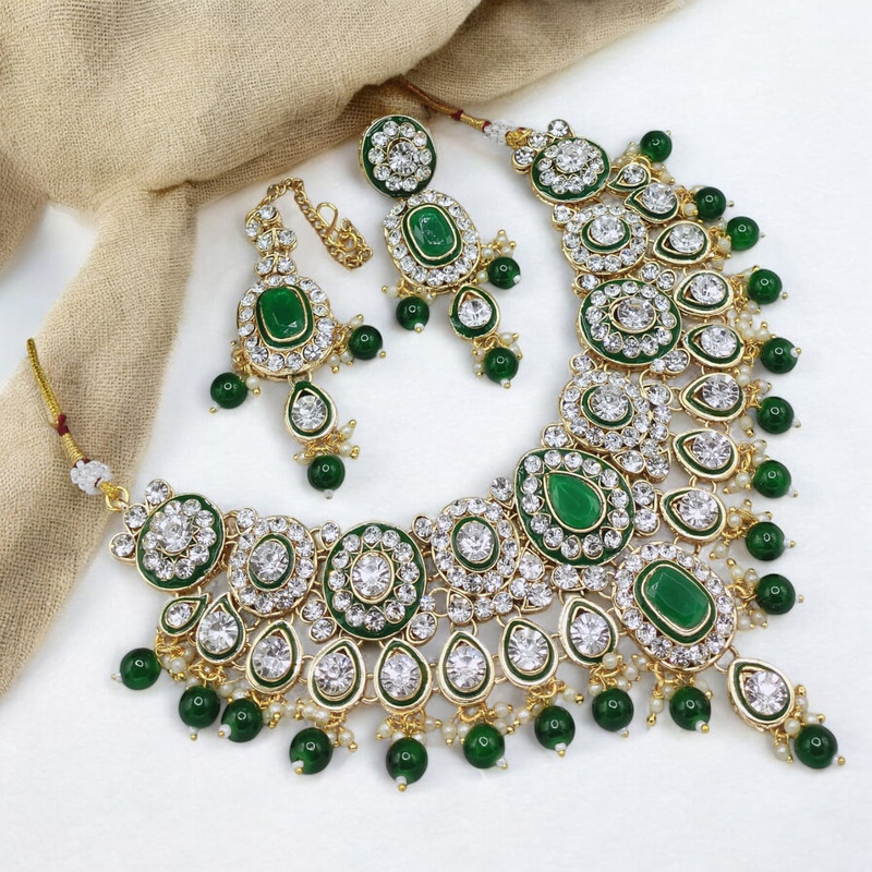[SUNS0008 GREEN] Lustrous Glam Suns0008 Green Kundan Choker Necklace Earring Jewellery Set For Marriage