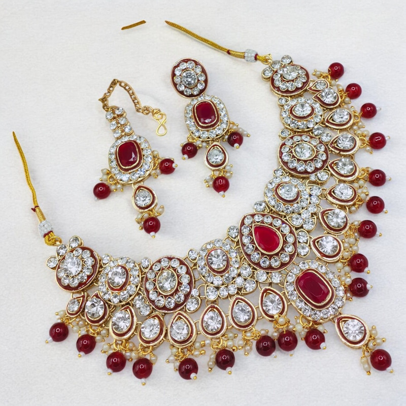 [SUNS0008 RED] Vibrant Glam Suns0008 Red Kundan Choker Necklace Earring Jewellery Set For Marriage