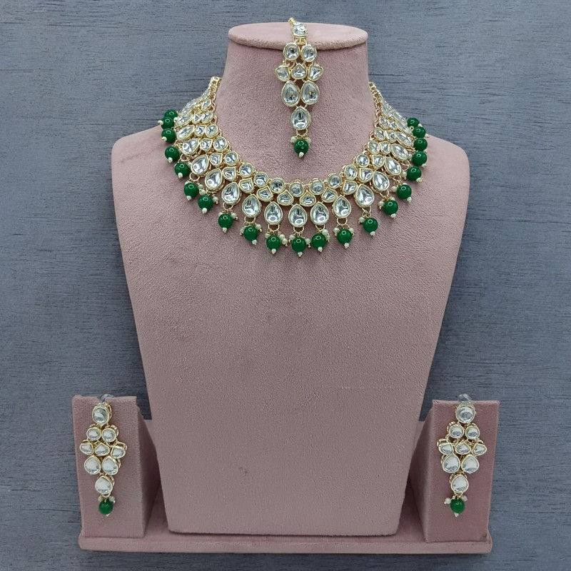 [SUNS0009 GREEN] Traditional Luxe Suns0009 Green Kundan Choker Necklace Earring Jewellery Set For Marriage