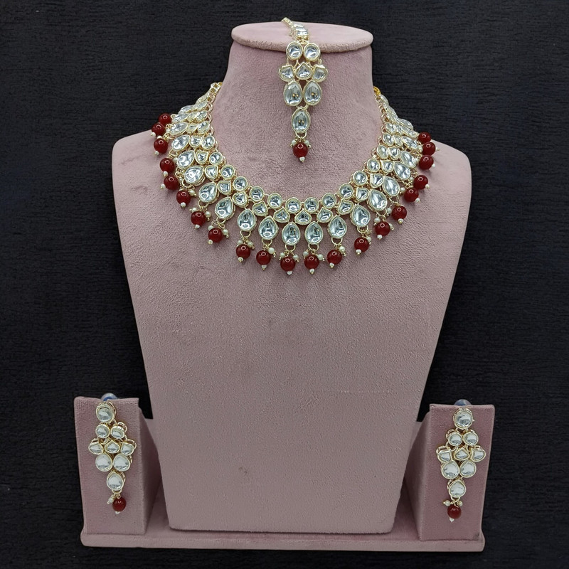 SUNS0009 MAROON Kundan Choker Necklace Earring Jewellery set for Marriage