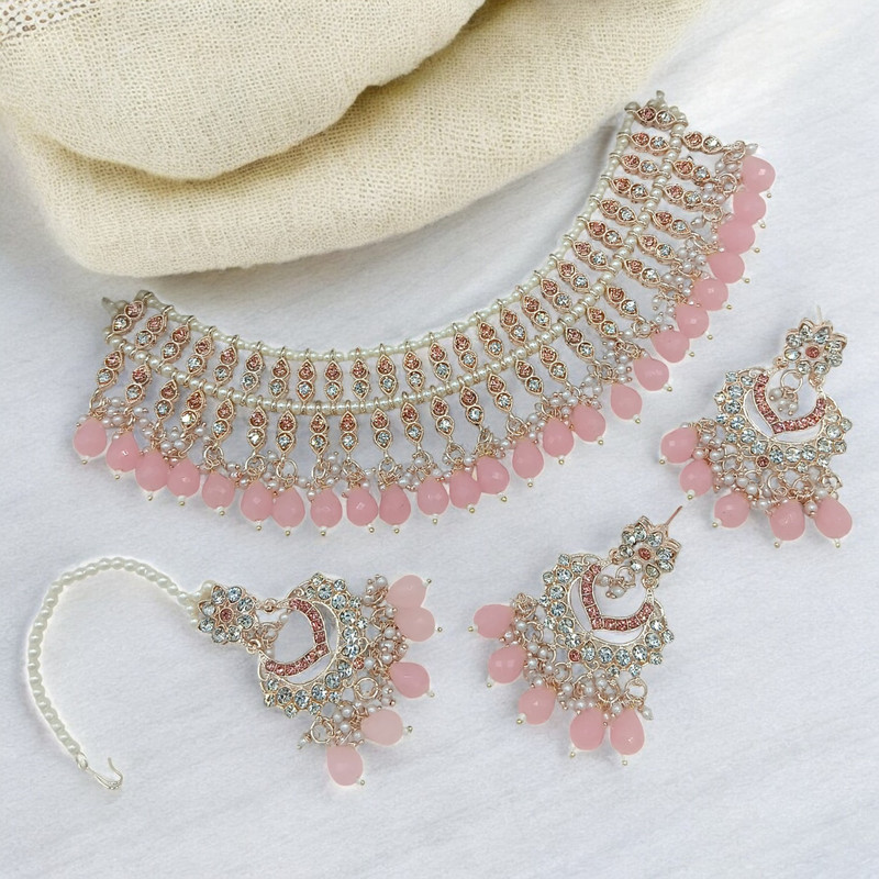 [SUNS0010 BABY PINK] Vintage Luxe Suns0010 Baby Pink Kundan Choker Necklace Earring Jewellery Set For Marriage