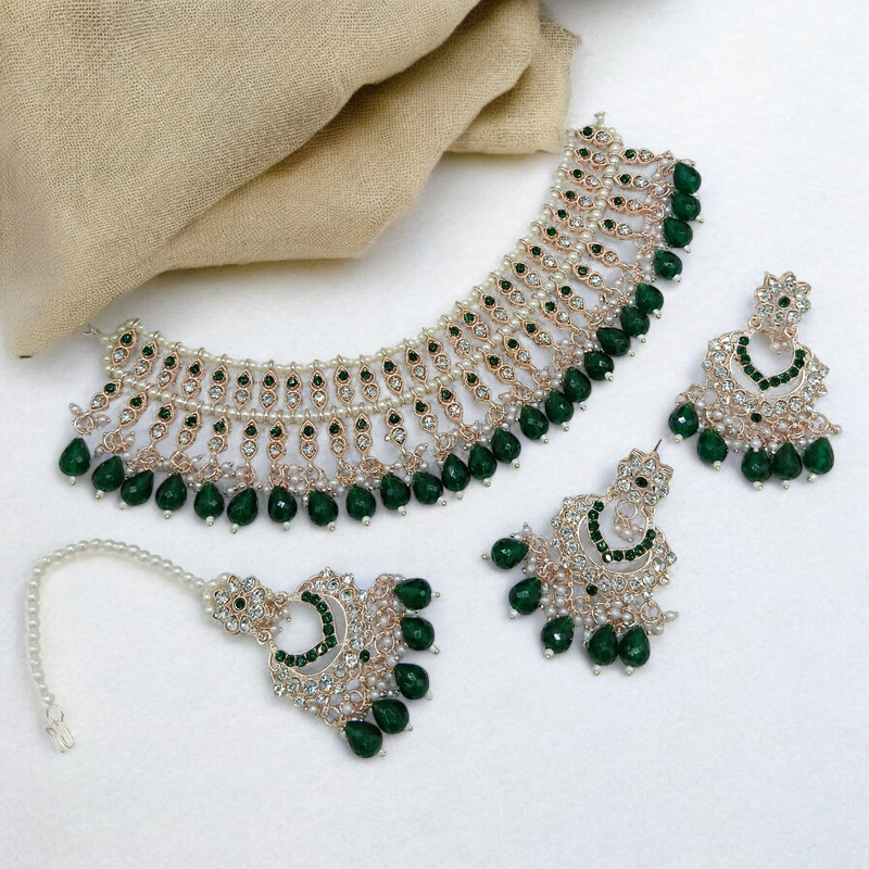 [SUNS0010 GREEN] Trendy Luxe Suns0010 Green Kundan Choker Necklace Earring Jewellery Set For Marriage