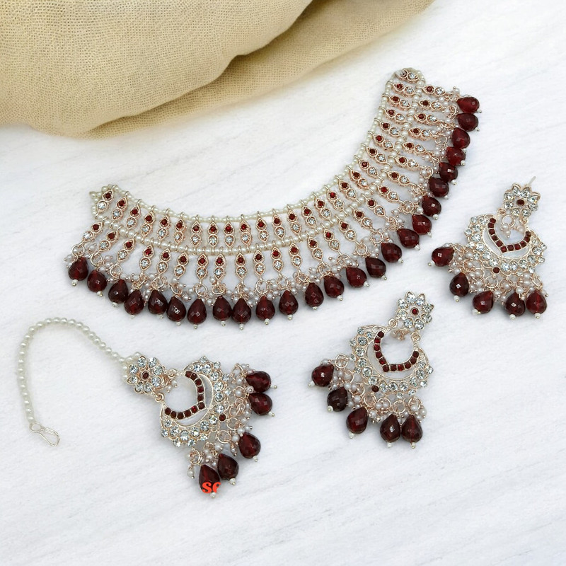 [SUNS0010 MAROON] Shandaar Luxe Suns0010 Maroon Kundan Choker Necklace Earring Jewellery Set For Marriage