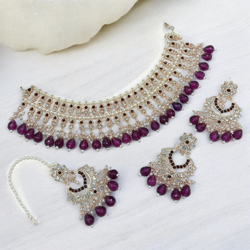 [SUNS0010 PURPLE] Exquisite Luxe Suns0010 Purple Kundan Choker Necklace Earring Jewellery Set For Marriage