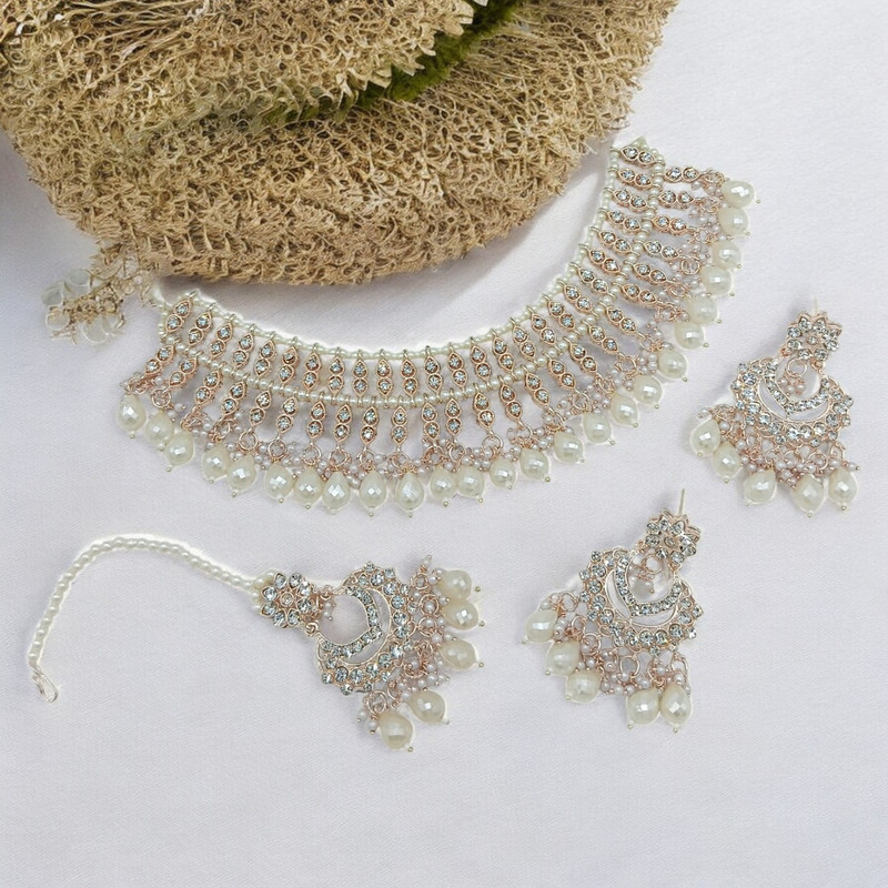[SUNS0010 WHITE] Gorgeous Luxe Suns0010 White Kundan Choker Necklace Earring Jewellery Set For Marriage