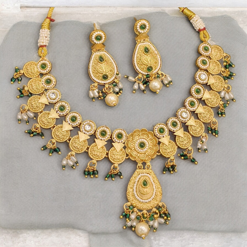 SUNS0016 GREEN Copper Necklace & Earrings Jewellery set for Women