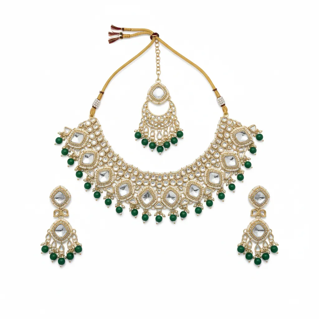 [SUNS0017 GREEN] Luxury Luxe Suns0017 Green Kundan Choker Necklace Earring Jewellery Set For Marriage