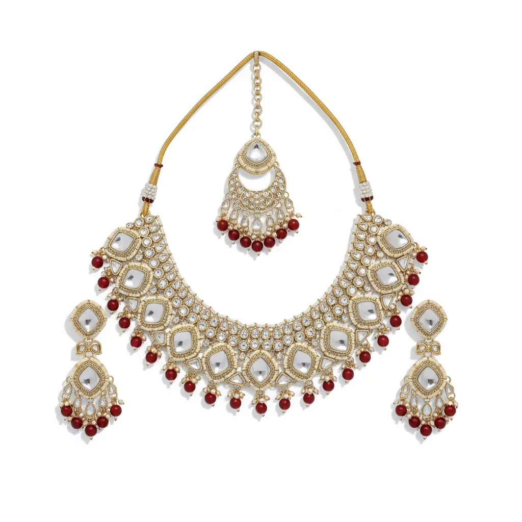 [SUNS0017 MAROON] Authentic Luxe Suns0017 Maroon Kundan Choker Necklace Earring Jewellery Set For Marriage