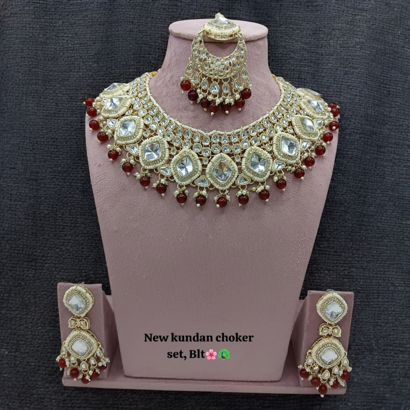 SUNS0017 MAROON Kundan Choker Necklace Earring Jewellery set for Marriage