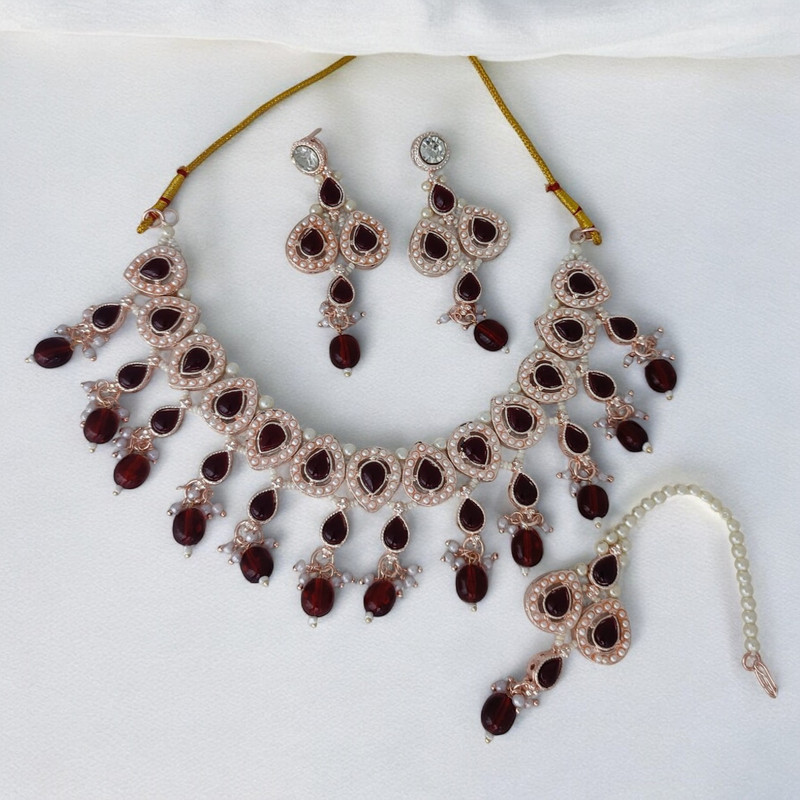 [SUNS001 MAROON] Royal Luxe Suns001 Maroon Kundan Choker Necklace Earring Jewellery Set For Marriage