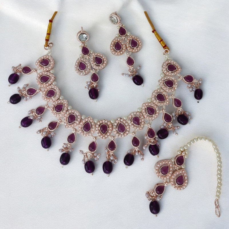 [SUNS001 PURPLE] Classic Luxe Suns001 Purple Kundan Choker Necklace Earring Jewellery Set For Marriage