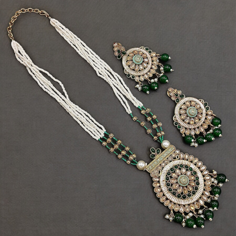 [SUNS0020 GREEN] Dazzling Luxe Suns0020 Green Kundan Choker Necklace Earring Jewellery Set For Marriage