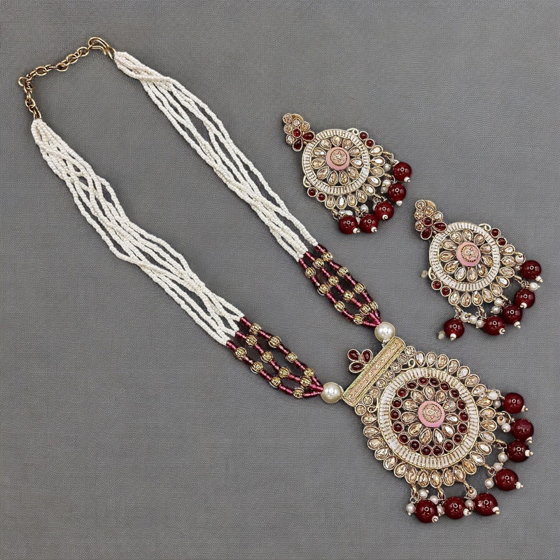 [SUNS0020 MAROON] Radiant Luxe Suns0020 Maroon Copper Necklace & Earrings Jewellery Set For Women