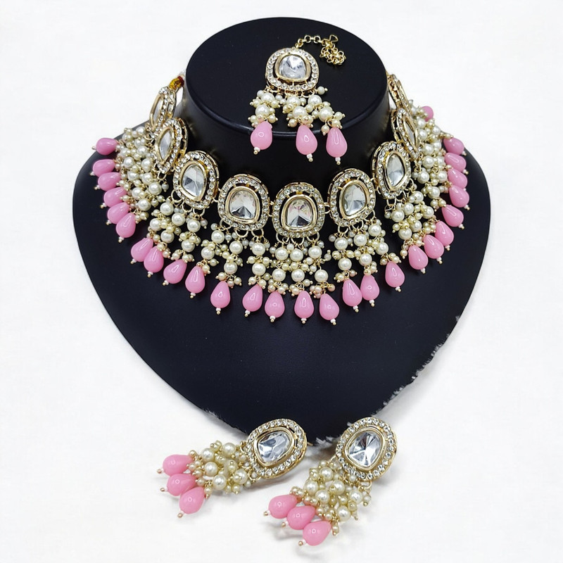 [SUNS0025 BABY PINK] Ethereal Luxe Suns0025 Baby Pink Kundan Choker Necklace Earring Jewellery Set For Marriage
