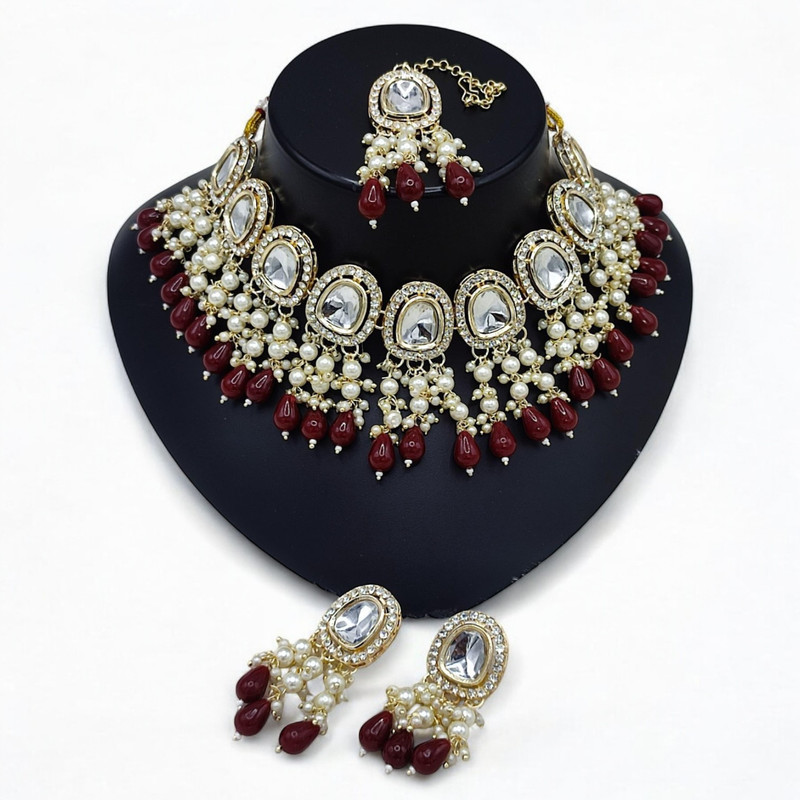 [SUNS0025 MAROON] Pristine Luxe Suns0025 Maroon Kundan Choker Necklace Earring Jewellery Set For Marriage