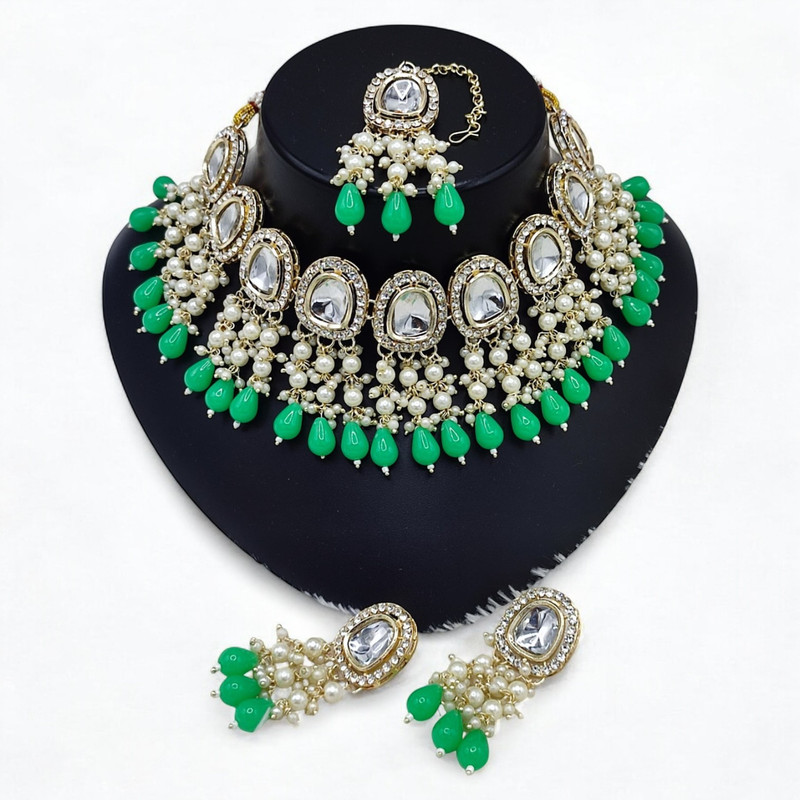 [SUNS0025 MINT GREEN] Ornate Luxe Suns0025 Mint Green Kundan Choker Necklace Earring Jewellery Set For Marriage