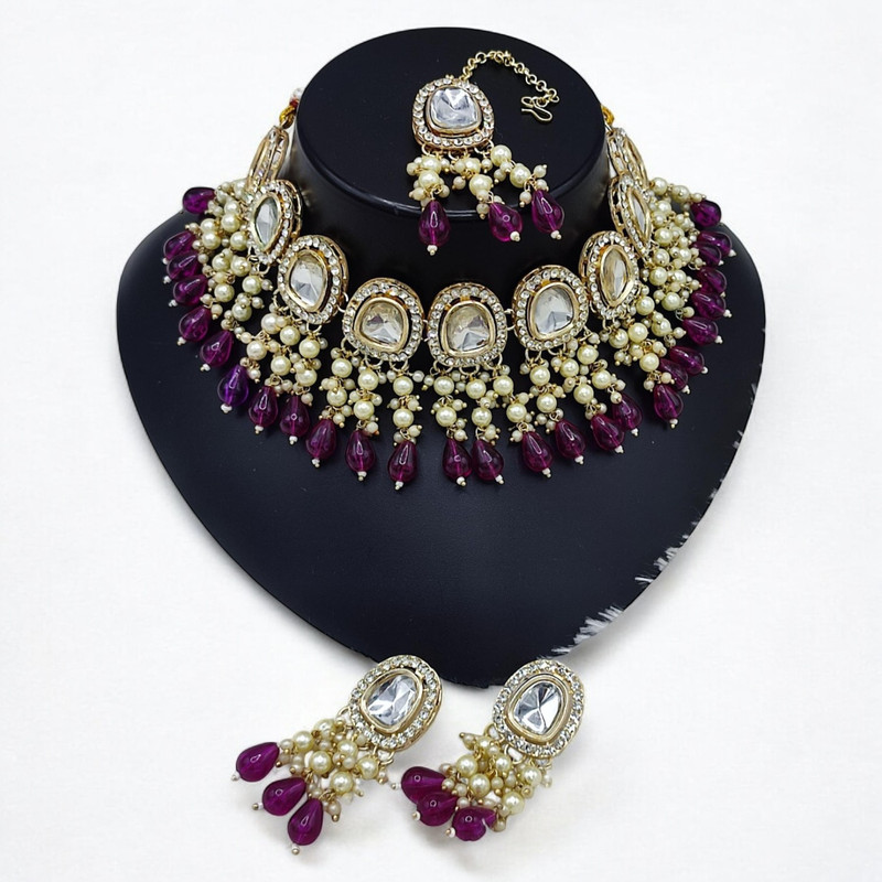[SUNS0025 PURPLE] Resplendent Luxe Suns0025 Purple Kundan Choker Necklace Earring Jewellery Set For Marriage