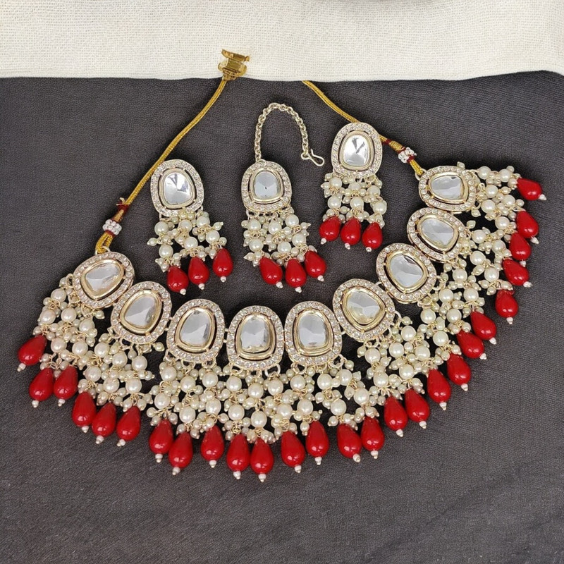 [SUNS0025 RED] Lustrous Luxe Suns0025 Red Kundan Choker Necklace Earring Jewellery Set For Marriage