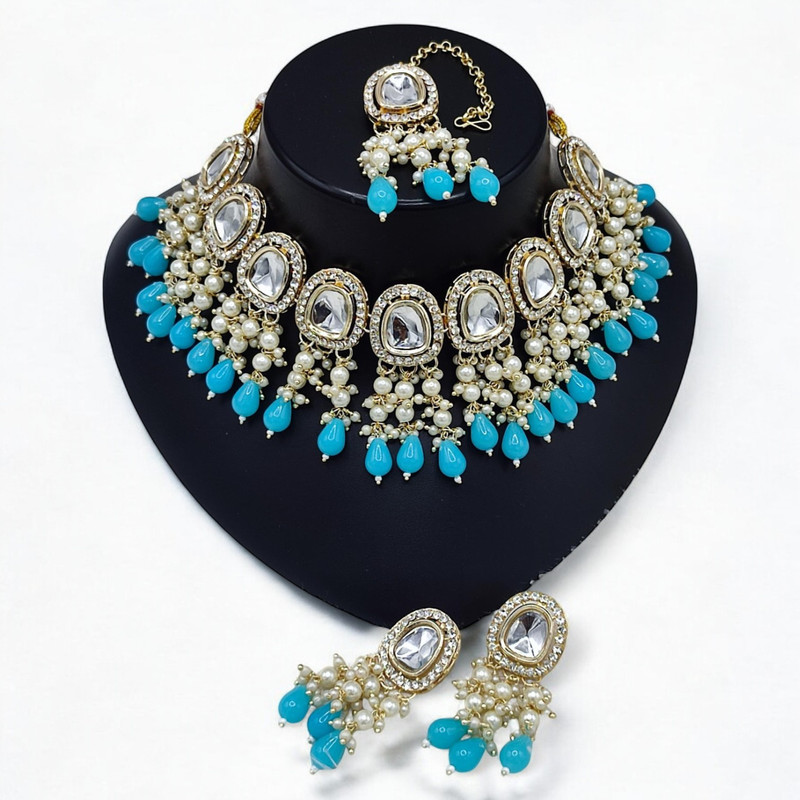 [SUNS0025 SKY BLUE] Vibrant Luxe Suns0025 Sky Blue Kundan Choker Necklace Earring Jewellery Set For Marriage