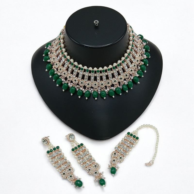 [SUNS002 GREEN] Regal Luxe Suns002 Green Kundan Choker Necklace Earring Jewellery Set For Marriage