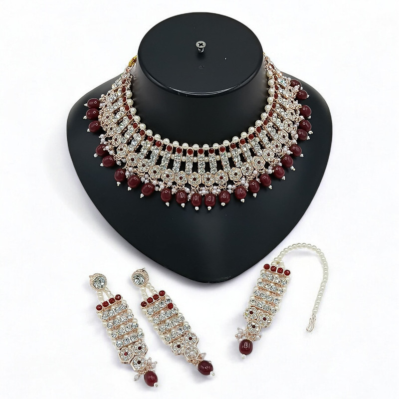 [SUNS002 MAROON] Majestic Luxe Suns002 Maroon Kundan Choker Necklace Earring Jewellery Set For Marriage