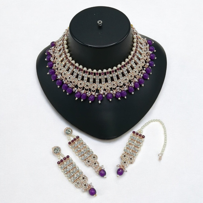 [SUNS002 PURPLE] Opulent Luxe Suns002 Purple Kundan Choker Necklace Earring Jewellery Set For Marriage