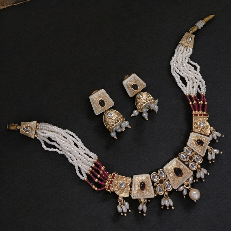 SUNS0030 MAROON Copper Necklace & Earrings Jewellery set for Women