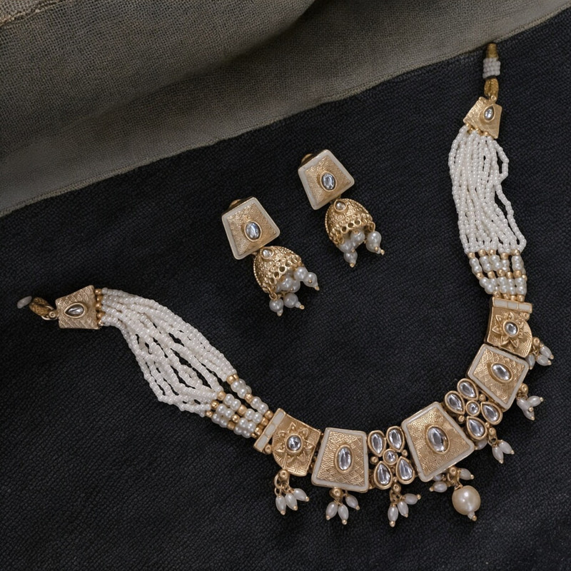 SUNS0030 WHITE Copper Necklace & Earrings Jewellery set for Women