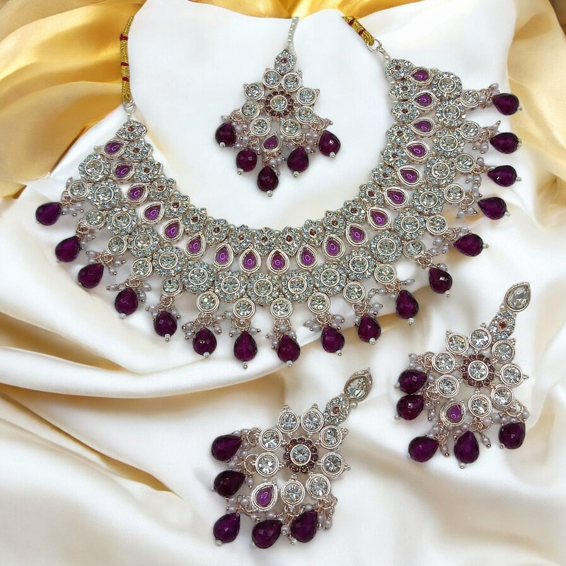 [SUNS0032 PURPLE] Beautiful Elite Suns0032 Purple Kundan Choker Necklace Earring Jewellery Set For Marriage