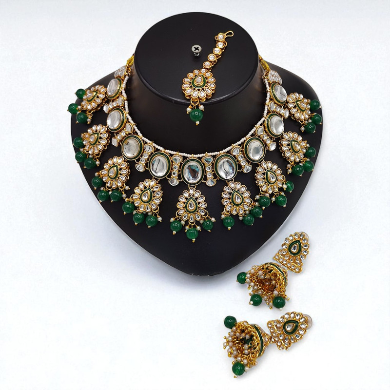 [SUNS0033 GREEN] Premium Elite Suns0033 Green Kundan Choker Necklace Earring Jewellery Set For Marriage