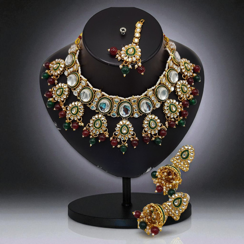 [SUNS0033 MAROON] Exclusive Elite Suns0033 Maroon Kundan Choker Necklace Earring Jewellery Set For Marriage