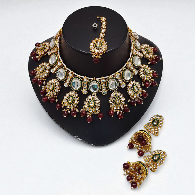 [SUNS0033 MAROON GREEN] Luxury Elite Suns0033 Maroon Green Kundan Choker Necklace Earring Jewellery Set For Marriage
